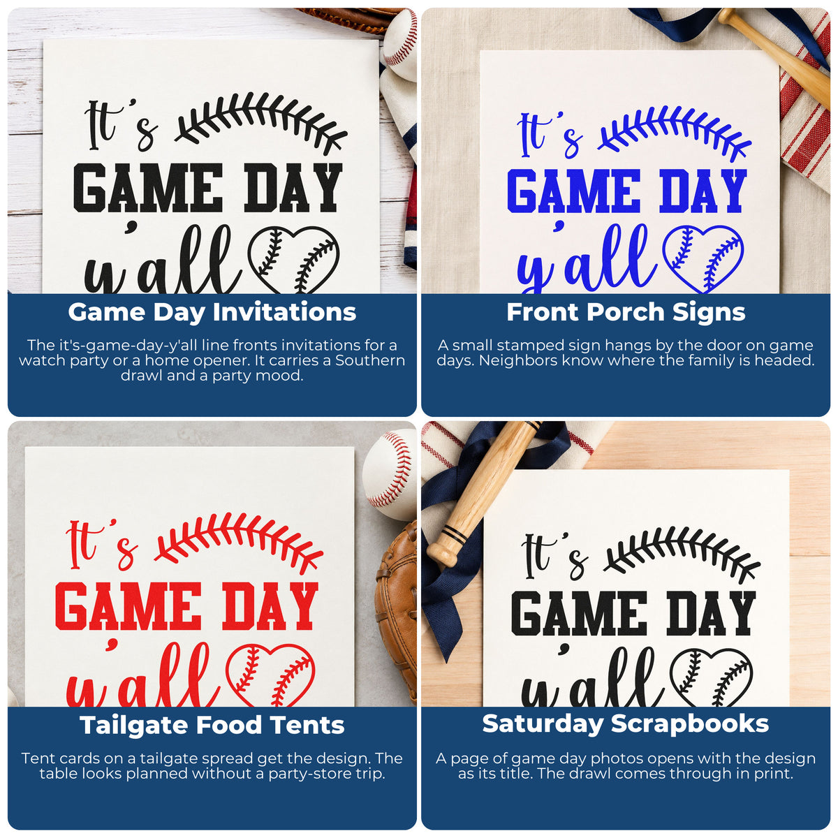 Four ways to use the It's Game Day Y'all Pre-Inked Stamp – PSI: game day invitations, front porch signs, tailgate food tents and saturday scrapbooks.