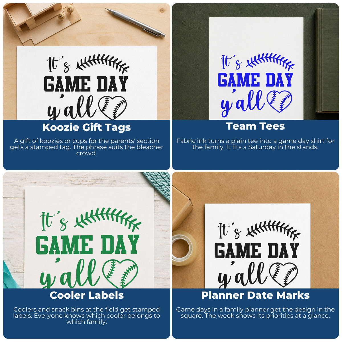 Four ways to use the It's Game Day Y'all Stamp – Duo Hand: koozie gift tags, team tees, cooler labels and planner date marks.