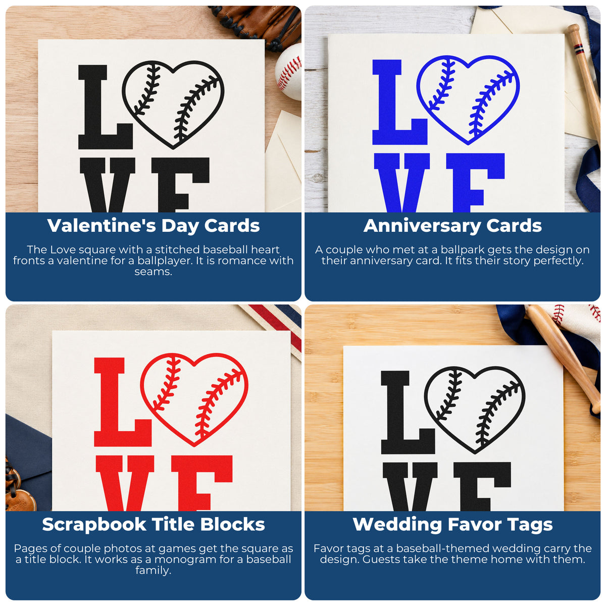 Four ways to use the Wood Handle Baseball Heart Love Rubber Stamp: valentine's day cards, anniversary cards, scrapbook title blocks and wedding favor tags.