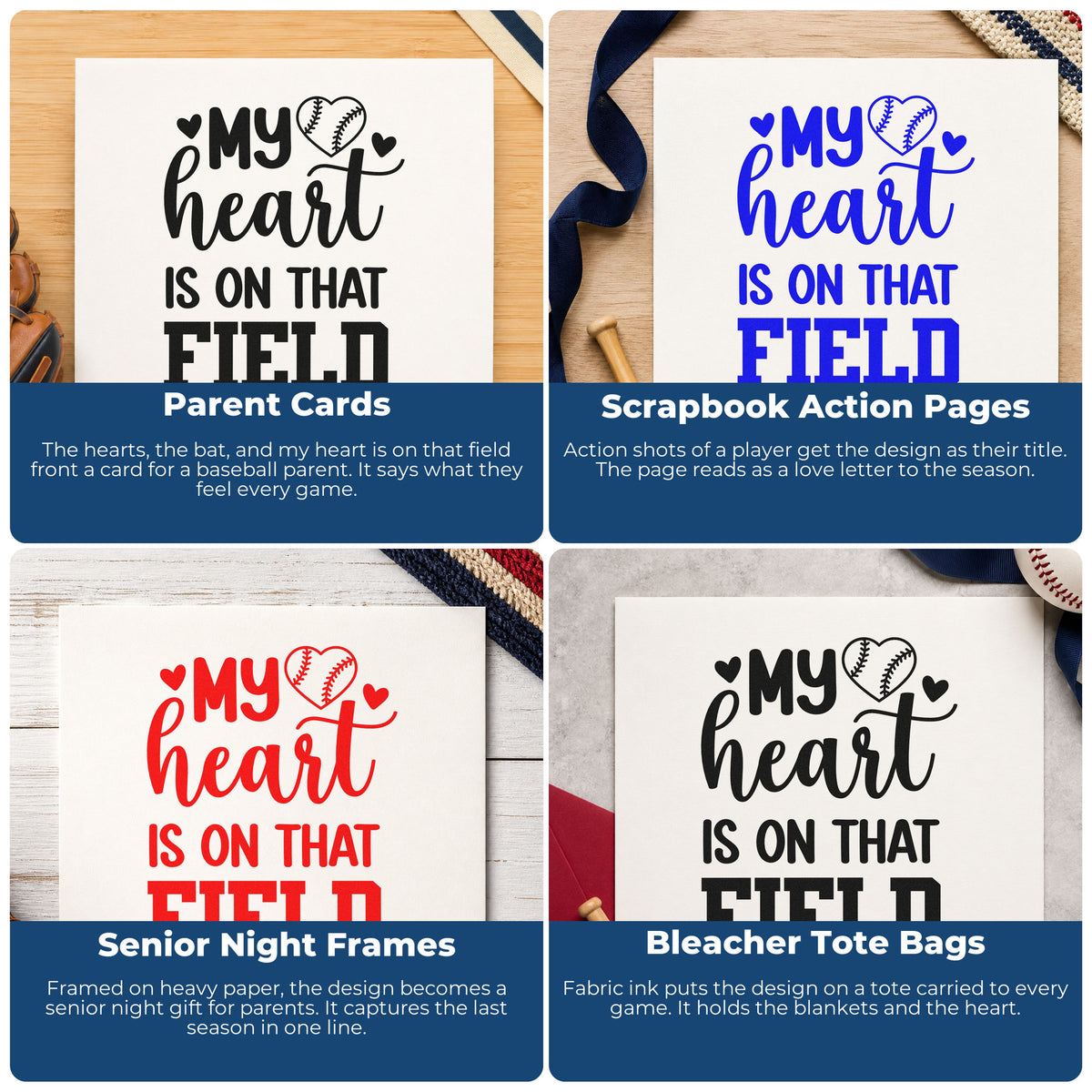 Four ways to use the Duo Hand Heart On The Field Bat Rubber Stamp: parent cards, scrapbook action pages, senior night frames and bleacher tote bags.