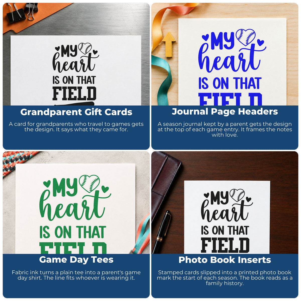 Four ways to use the Duo Hand Heart On The Field Bat Rubber Stamp: grandparent gift cards, journal page headers, game day tees and photo book inserts.