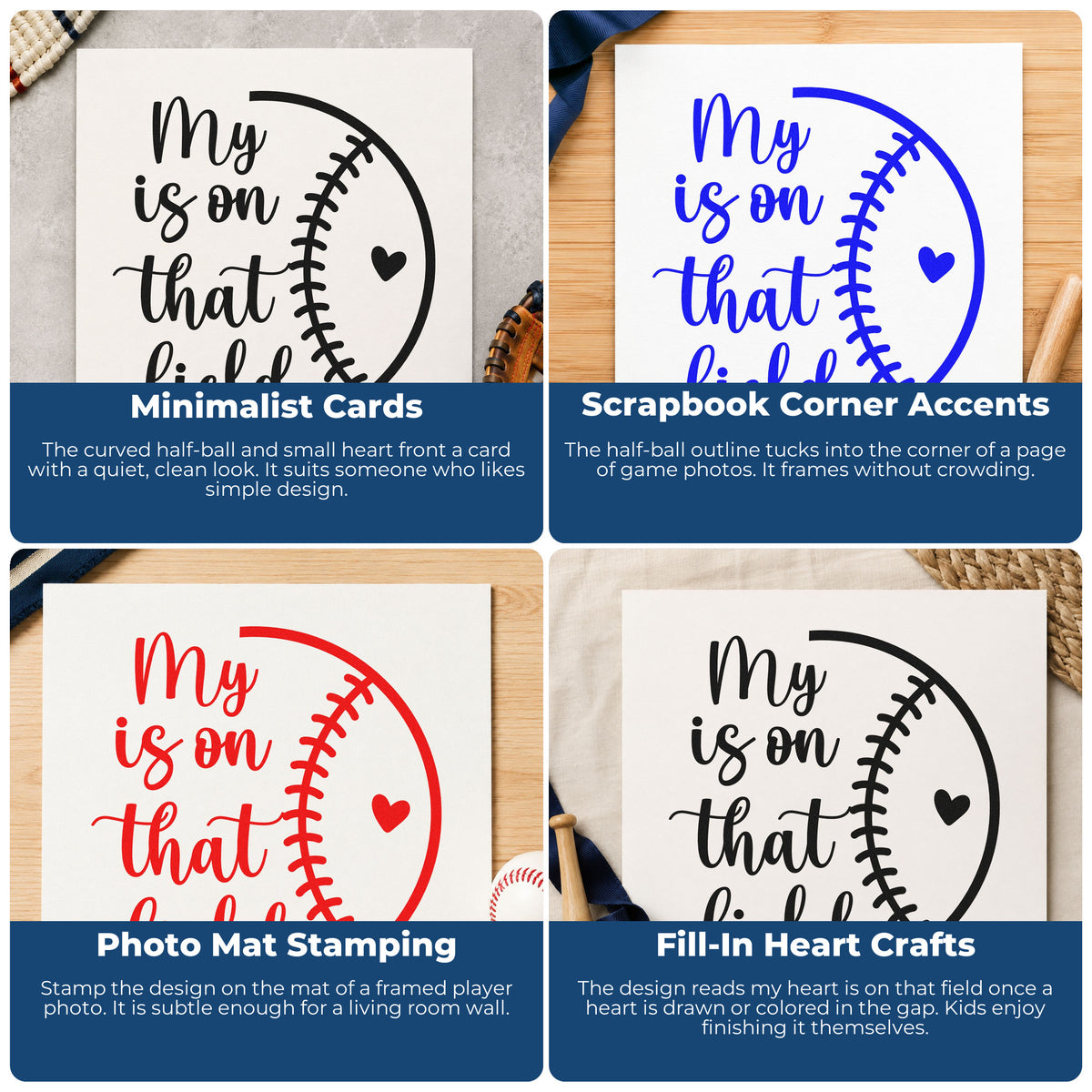 Four ways to use the Half Baseball Outline With Heart Rubber Stamp – Wood Handle: minimalist cards, scrapbook corner accents, photo mat stamping and fill-in heart crafts.