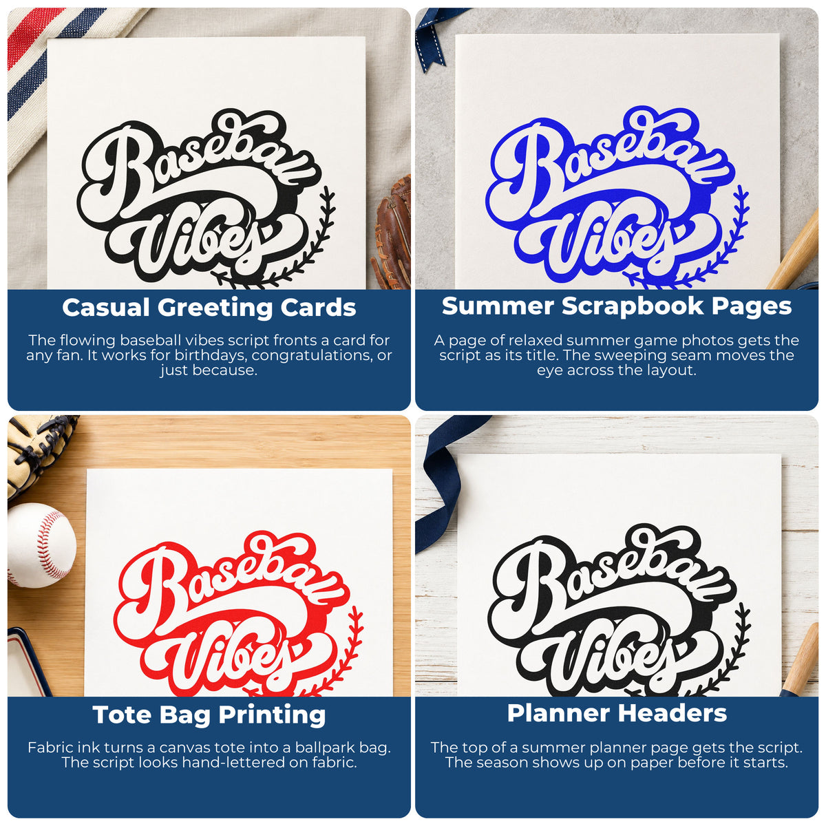 Four ways to use the Baseball Vibes Self-Inking Stamp: casual greeting cards, summer scrapbook pages, tote bag printing and planner headers.