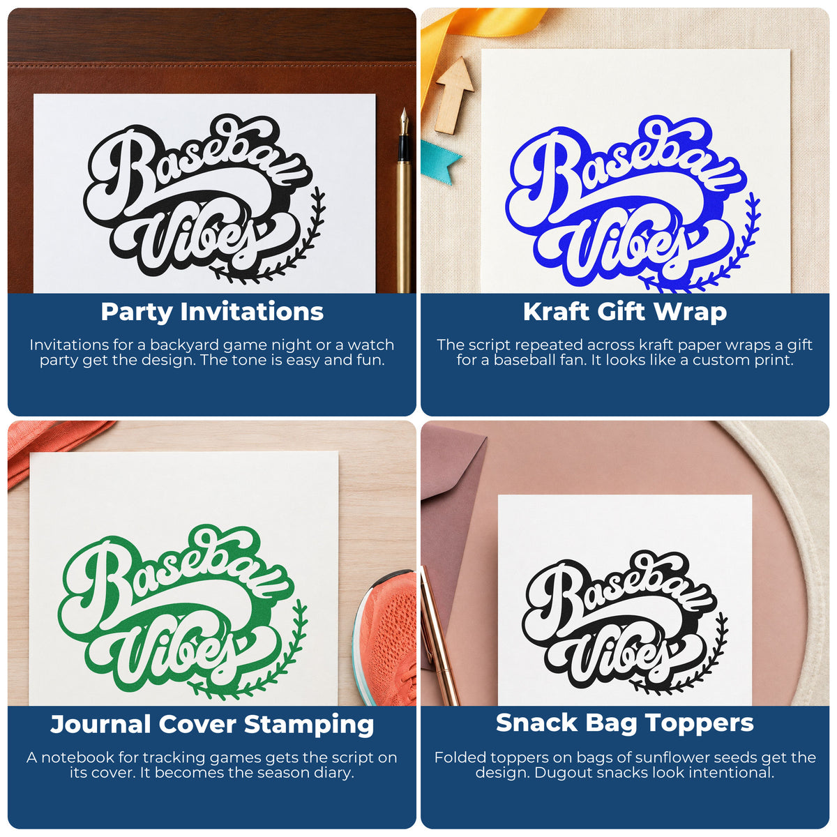 Four ways to use the Baseball Vibes Self-Inking Stamp: party invitations, kraft gift wrap, journal cover stamping and snack bag toppers.