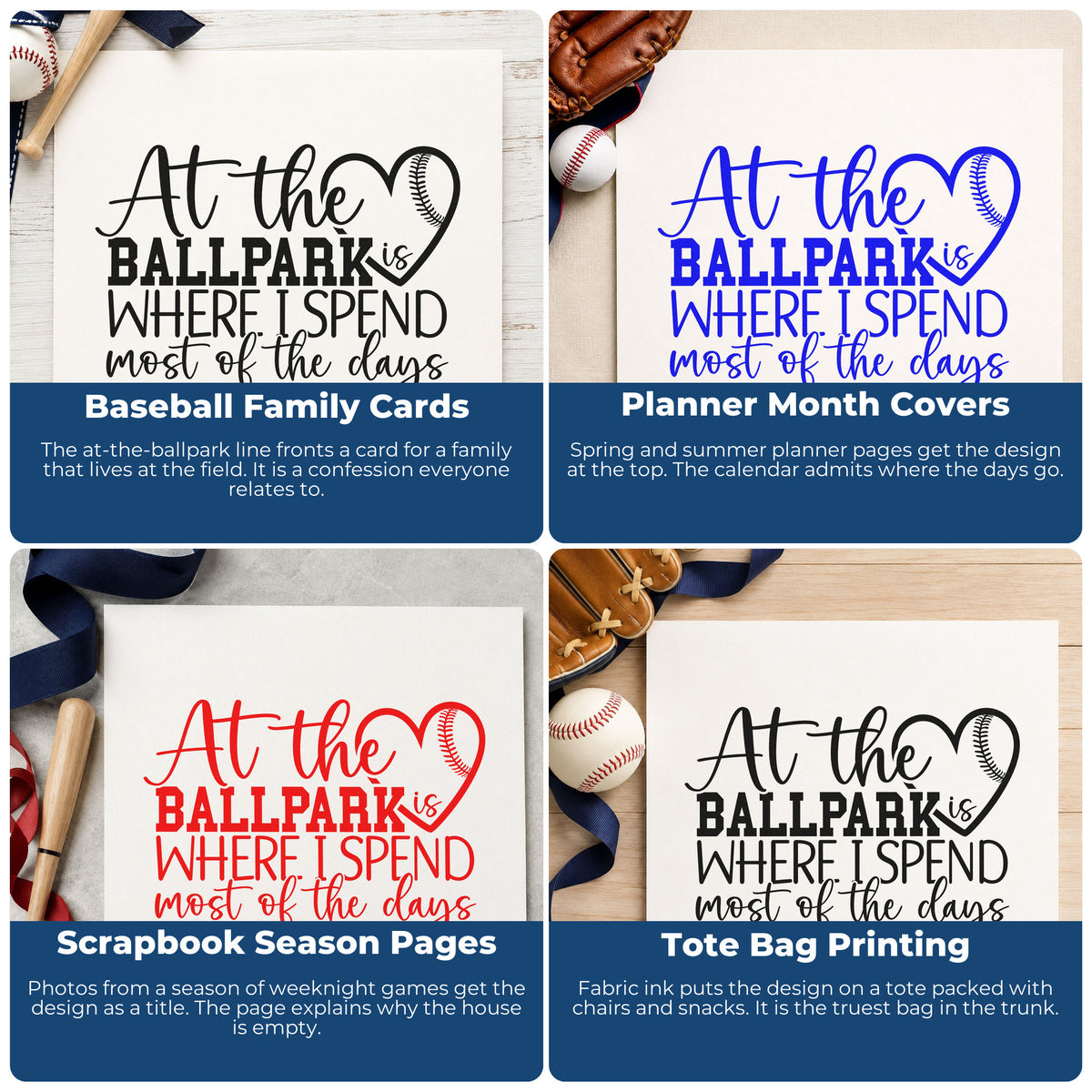 Four ways to use the At The Ballpark Baseball Heart Craft Stamp – Self-Inking: baseball family cards, planner month covers, scrapbook season pages and tote bag printing.