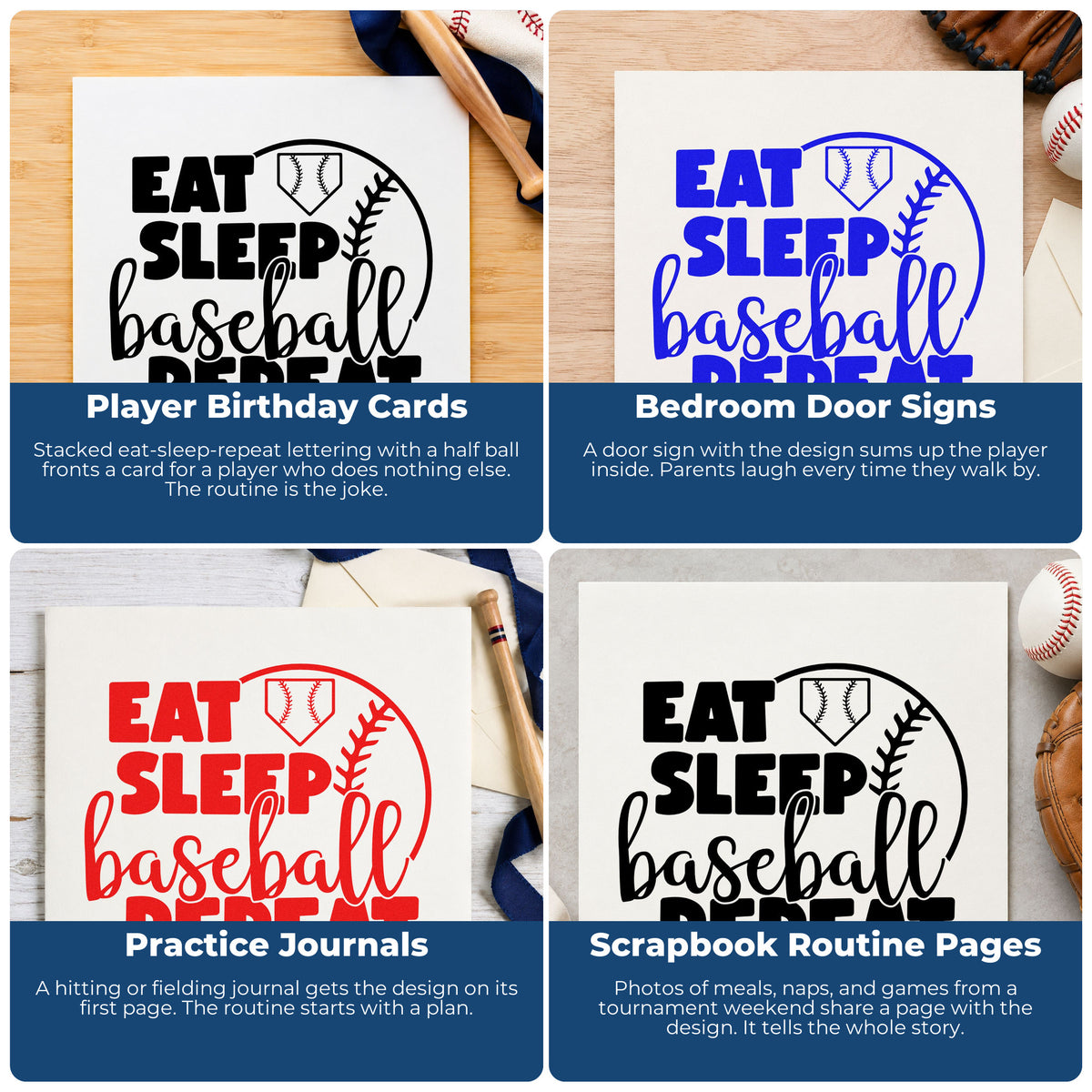 Four ways to use the Eat Sleep Baseball Half Ball Home Plate Badge Stamp – Self-Inking: player birthday cards, bedroom door signs, practice journals and scrapbook routine pages.