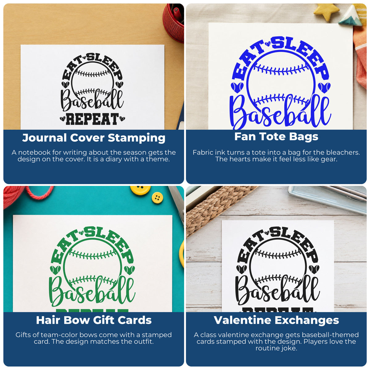 Four ways to use the Eat Sleep Baseball Hearts Pre-Inked Stamp – Slim: journal cover stamping, fan tote bags, hair bow gift cards and valentine exchanges.