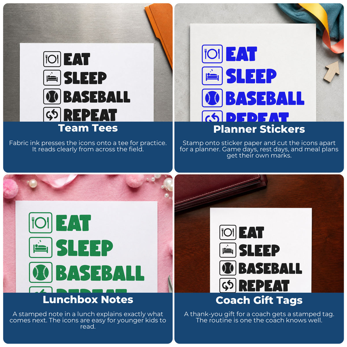 Four ways to use the Self-Inking Baseball Routine Icons Stamp: team tees, planner stickers, lunchbox notes and coach gift tags.
