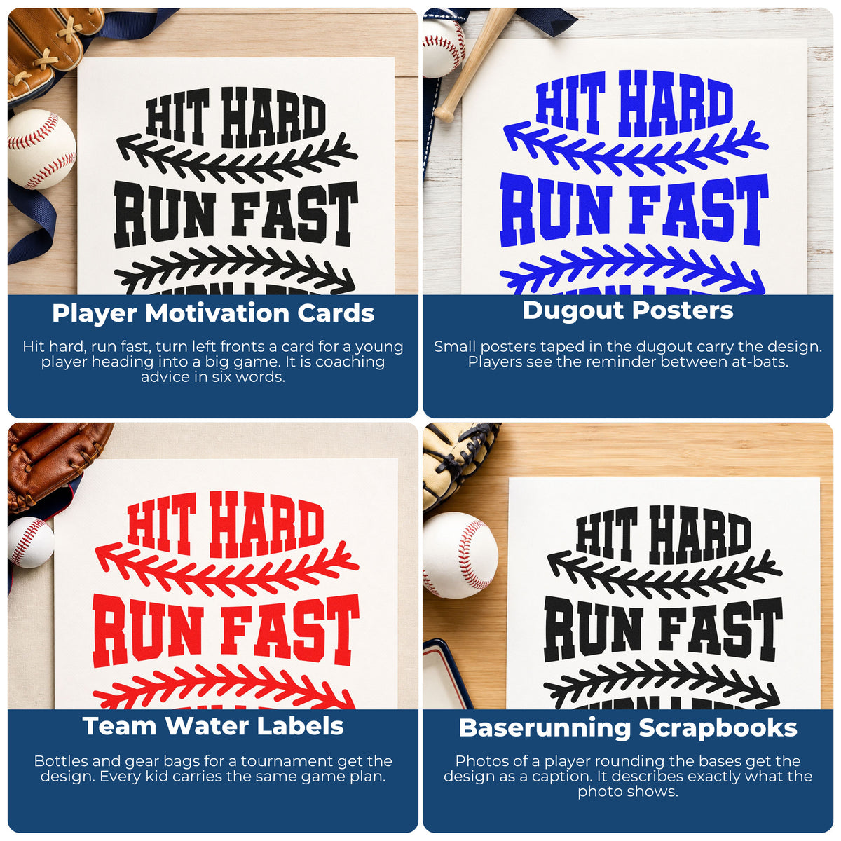 Four ways to use the Premium Wooden Hit Hard Run Fast Stamp - Vintage Pro: player motivation cards, dugout posters, team water labels and baserunning scrapbooks.