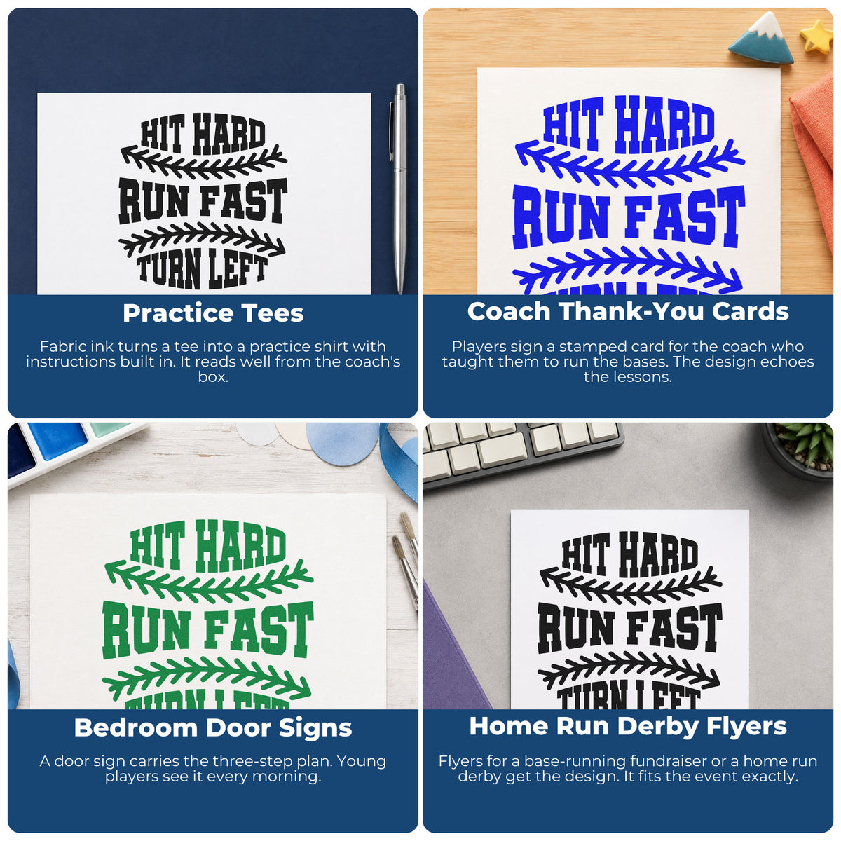 Four ways to use the Hit Hard Run Fast Rubber Stamp – Duo Hand: practice tees, coach thank-you cards, bedroom door signs and home run derby flyers.