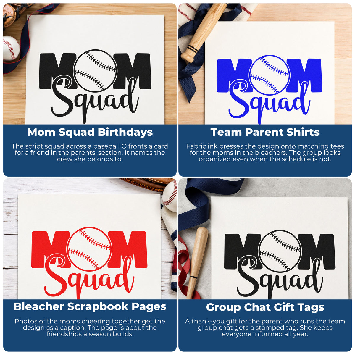 Four ways to use the Duo Hand Baseball Mom Squad Rubber Stamp: mom squad birthdays, team parent shirts, bleacher scrapbook pages and group chat gift tags.