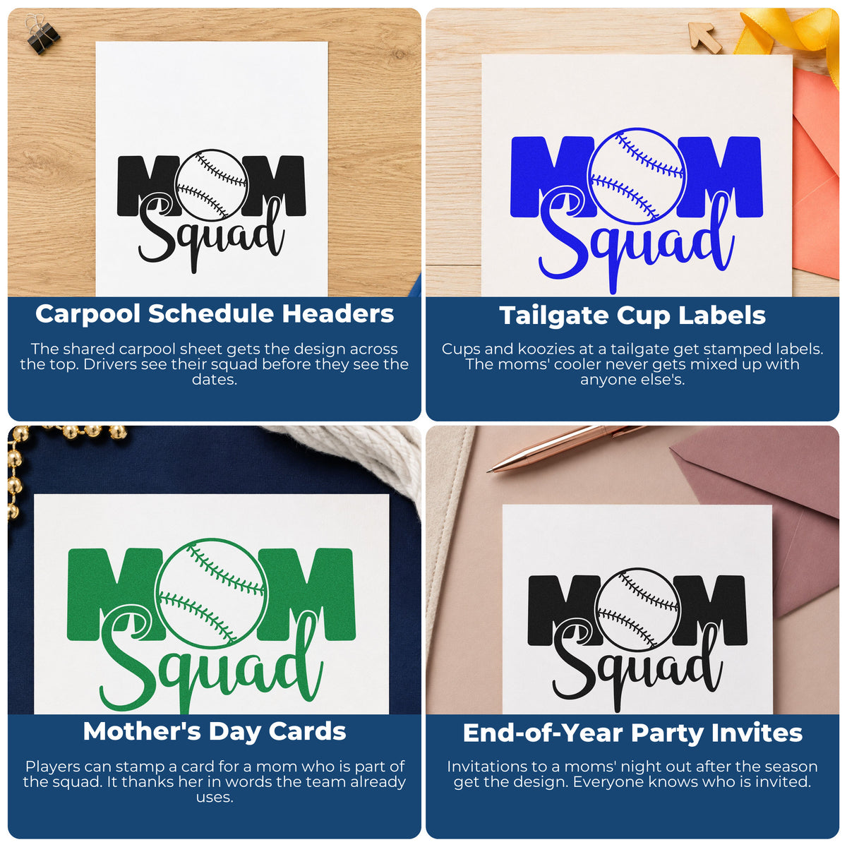 Four ways to use the Baseball Mom Squad Slim Pre-Inked Stamp: carpool schedule headers, tailgate cup labels, mother's day cards and end-of-year party invites.
