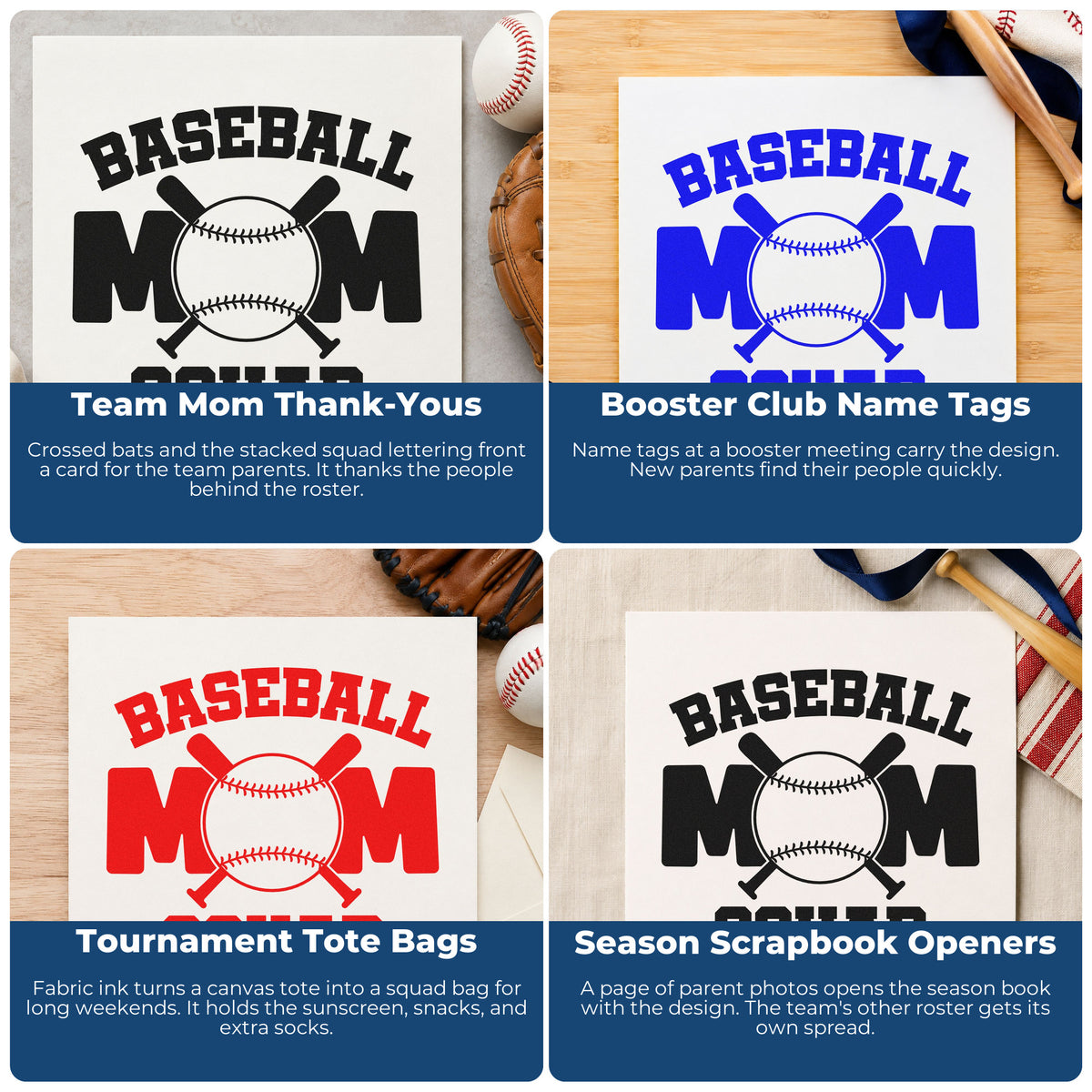 Four ways to use the Baseball Mom Squad Bats Lettering Stamp - Premium Vintage Pro Wooden: team mom thank-yous, booster club name tags, tournament tote bags and season scrapbook openers.