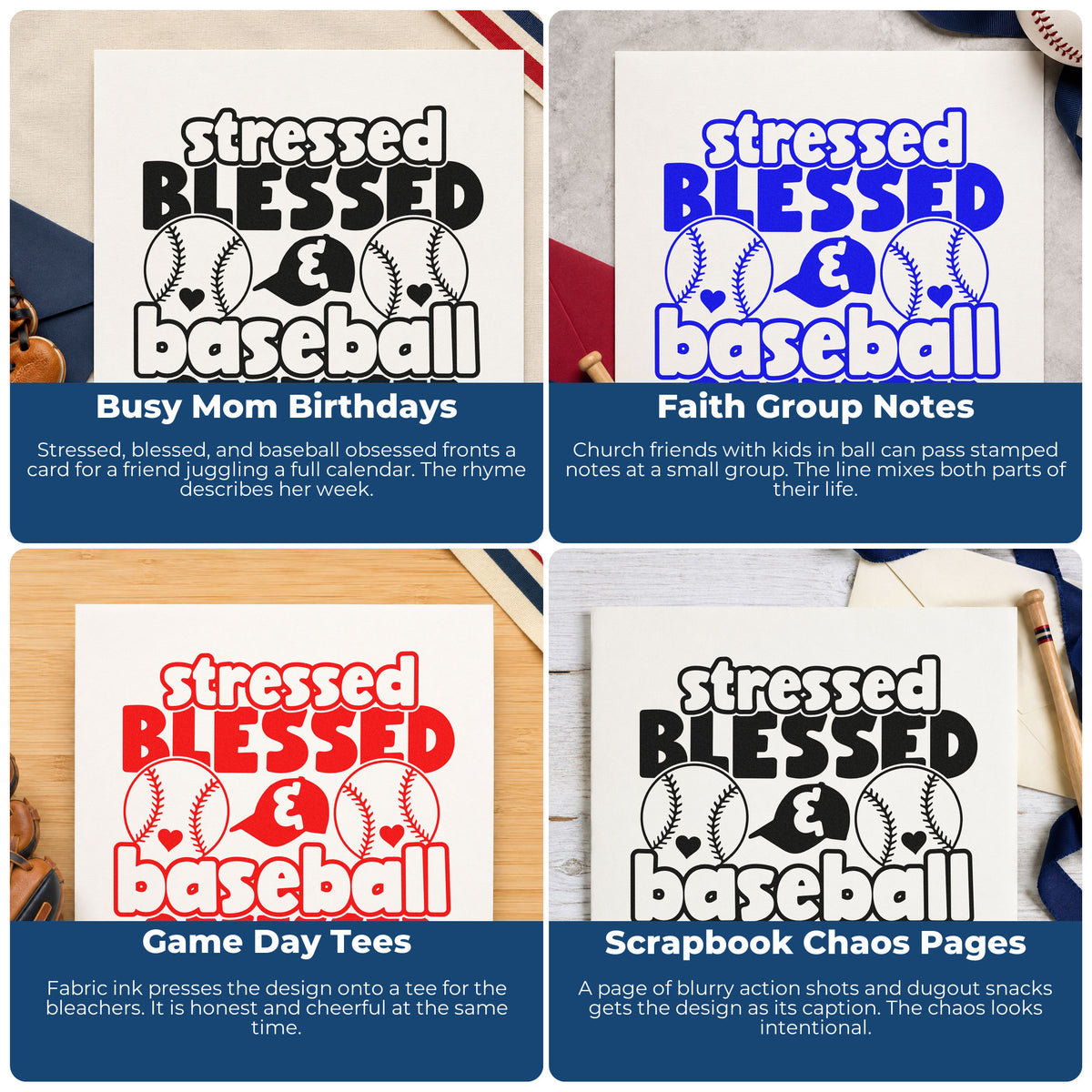 Four ways to use the Vintage Pro Stressed Blessed & Baseball Obsessed Premium Wooden Stamp: busy mom birthdays, faith group notes, game day tees and scrapbook chaos pages.