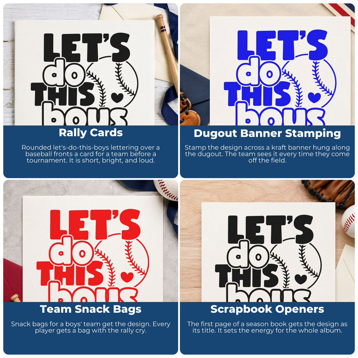 Four ways to use the Let's Do This Boys Baseball Stamp – Duo Hand: rally cards, dugout banner stamping, team snack bags and scrapbook openers.