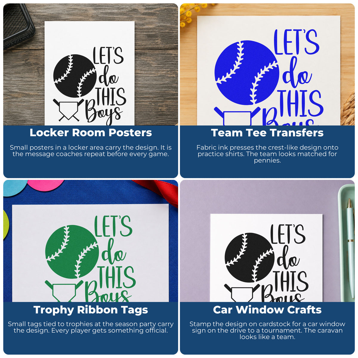 Four ways to use the Let's Do This Boys Plate Crossed Baseball Bats Stamp - Premium Vintage Pro Wooden: locker room posters, team tee transfers, trophy ribbon tags and car window crafts.