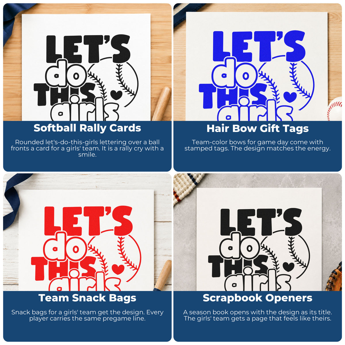Four ways to use the Let's Do This Girls Baseball Slim Pre-Inked Stamp: softball rally cards, hair bow gift tags, team snack bags and scrapbook openers.