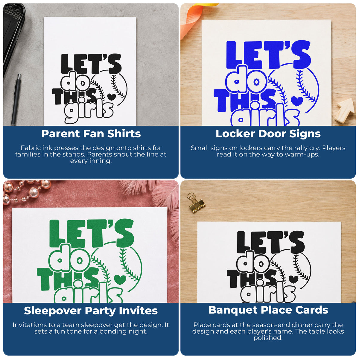 Four ways to use the Let's Do This Girls Baseball Wood Handle Stamp: parent fan shirts, locker door signs, sleepover party invites and banquet place cards.