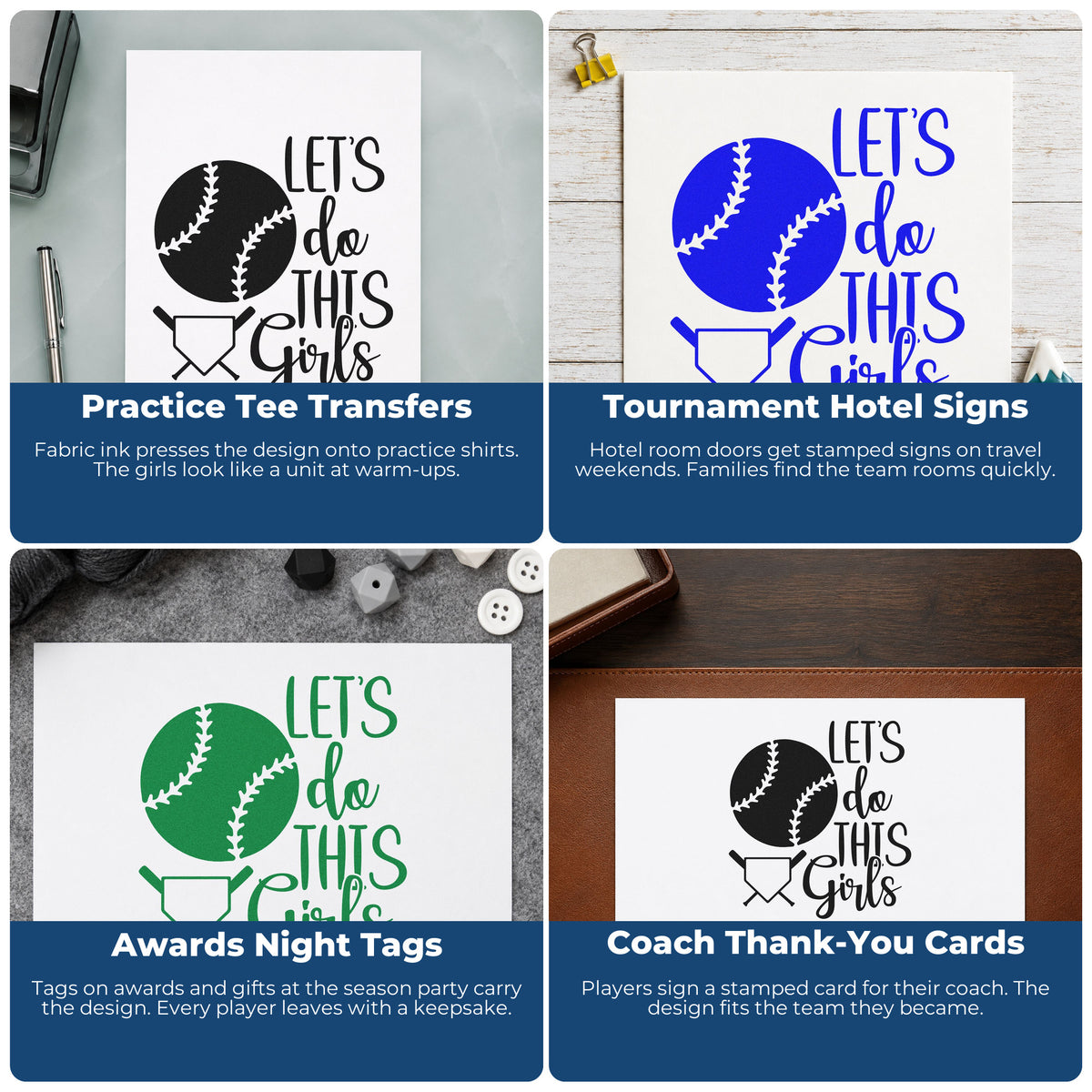 Four ways to use the Let's Do This Girls Plate Crossed Baseball Bats Stamp – Slim Pre-Inked: practice tee transfers, tournament hotel signs, awards night tags and coach thank-you cards.