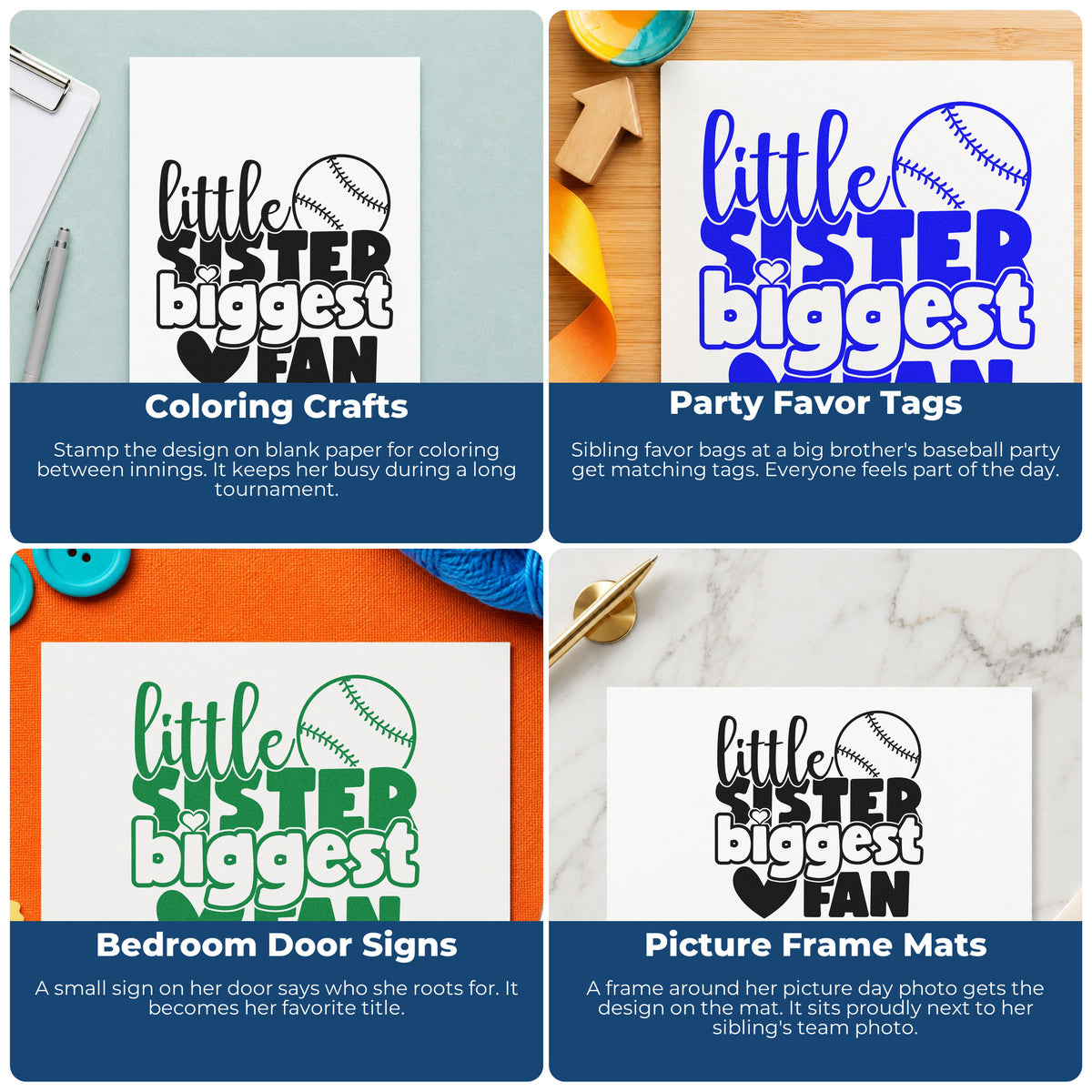 Four ways to use the Little Sister Baseball Fan PSI Pre-Inked Stamp: coloring crafts, party favor tags, bedroom door signs and picture frame mats.