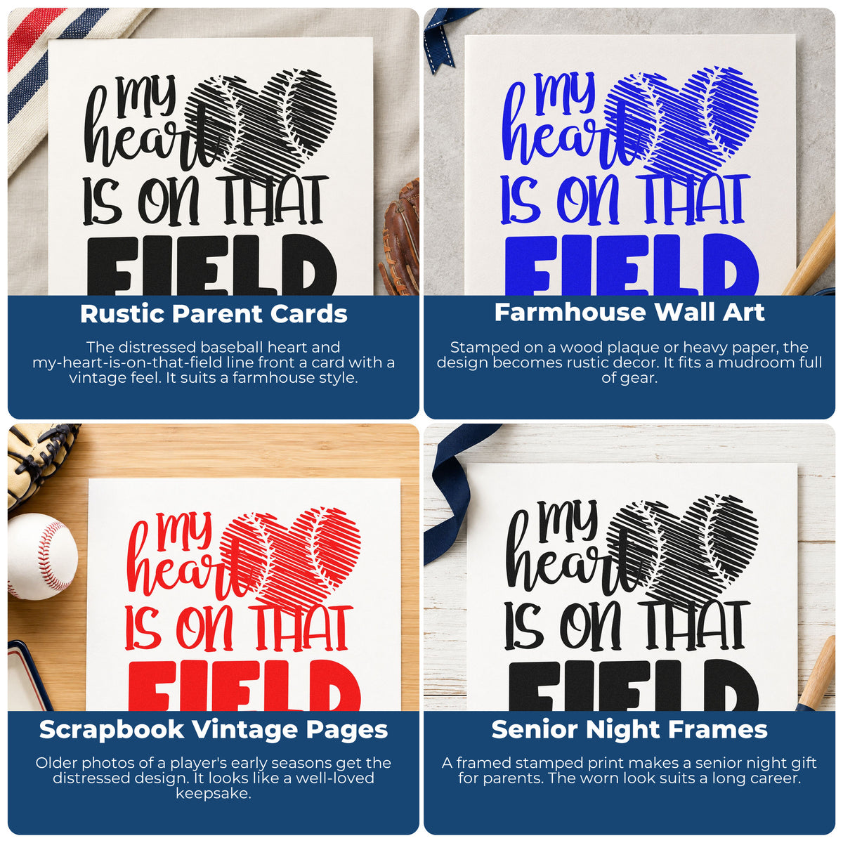 Four ways to use the Distressed Baseball Heart Field PSI Pre-Inked Stamp: rustic parent cards, farmhouse wall art, scrapbook vintage pages and senior night frames.