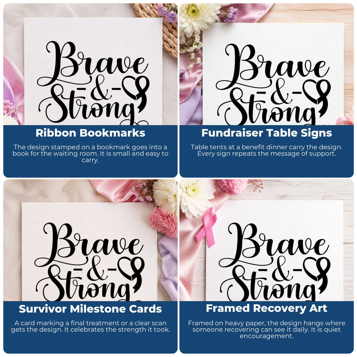 Four ways to use the Brave & Strong Awareness Ribbon Rubber Stamp – Duo Hand: ribbon bookmarks, fundraiser table signs, survivor milestone cards and framed recovery art.