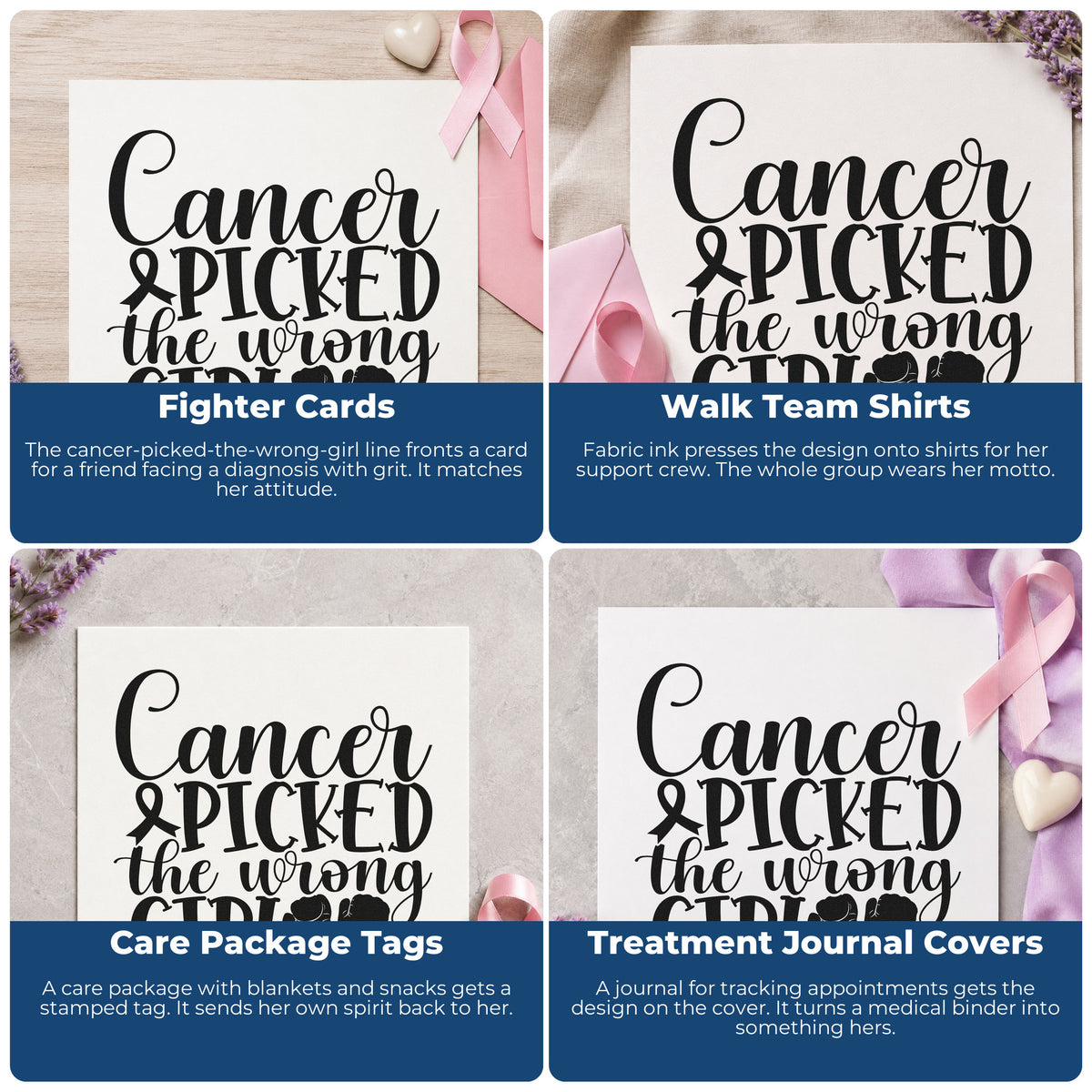 Four ways to use the Cancer Picked The Wrong Girl Wood Handle Stamp: fighter cards, walk team shirts, care package tags and treatment journal covers.