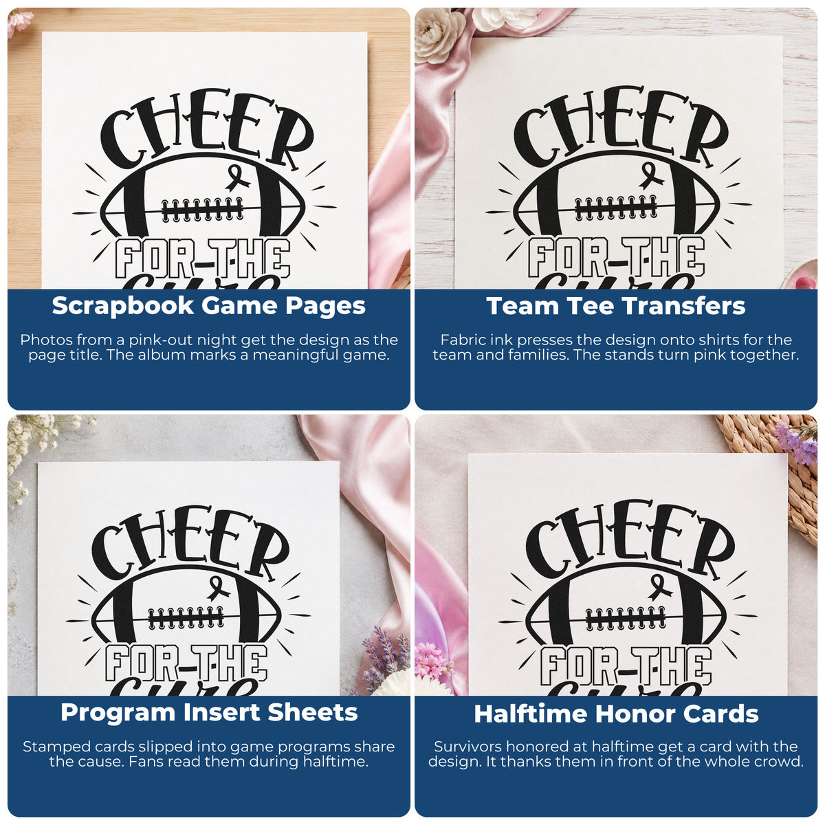 Four ways to use the Cheer For The Cure Awareness Ribbon Hand Stamp – Duo: scrapbook game pages, team tee transfers, program insert sheets and halftime honor cards.