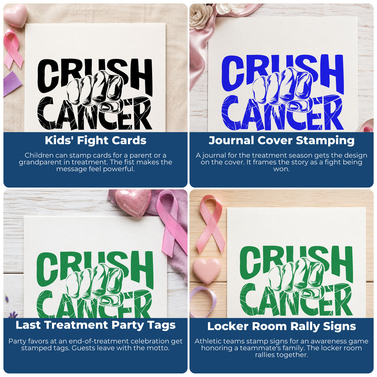 Four ways to use the Crush Cancer Fist Rubber Stamp – Duo Hand: kids' fight cards, journal cover stamping, last treatment party tags and locker room rally signs.