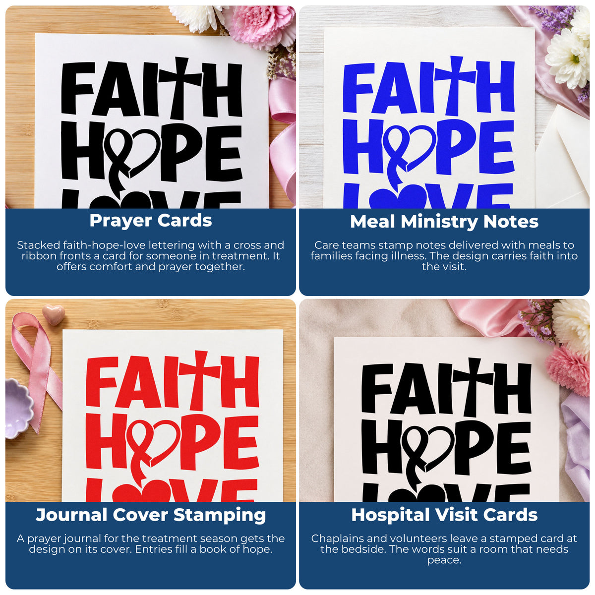 Four ways to use the Faith Hope Love Ribbon With Cross Hand Stamp – Duo: prayer cards, meal ministry notes, journal cover stamping and hospital visit cards.