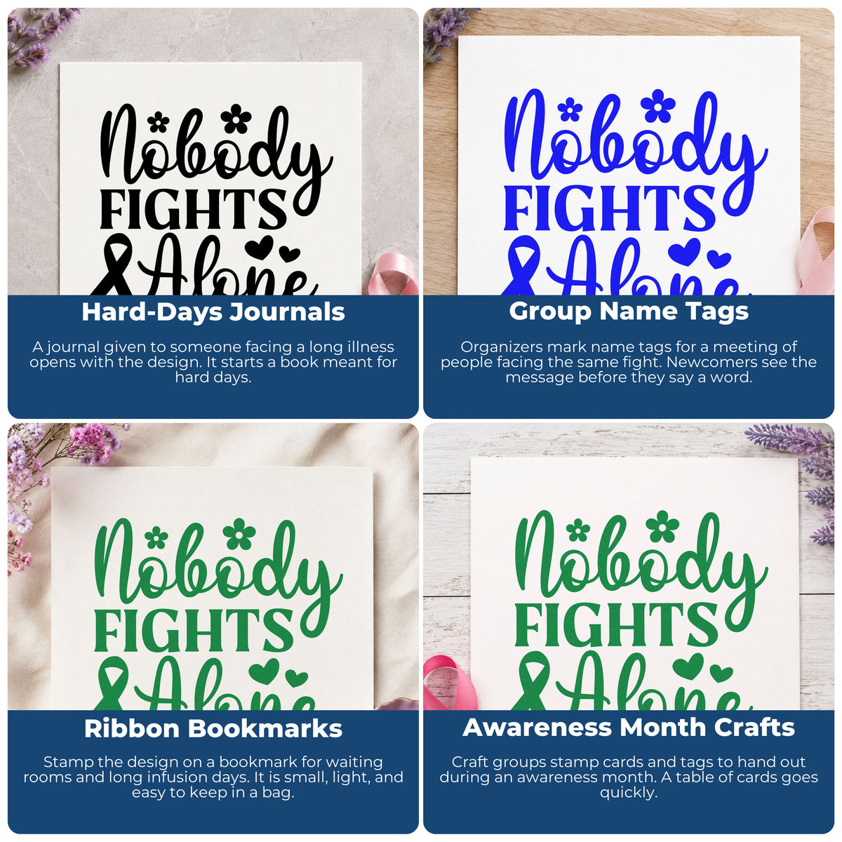 Four ways to use the Nobody Fights Alone PSI Pre-Inked Stamp: hard-days journals, group name tags, ribbon bookmarks and awareness month crafts.
