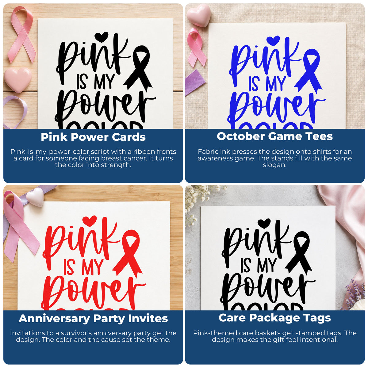Four ways to use the Pink Is My Power Color Awareness Ribbon Rubber Stamp – Wood Handle: pink power cards, october game tees, anniversary party invites and care package tags.