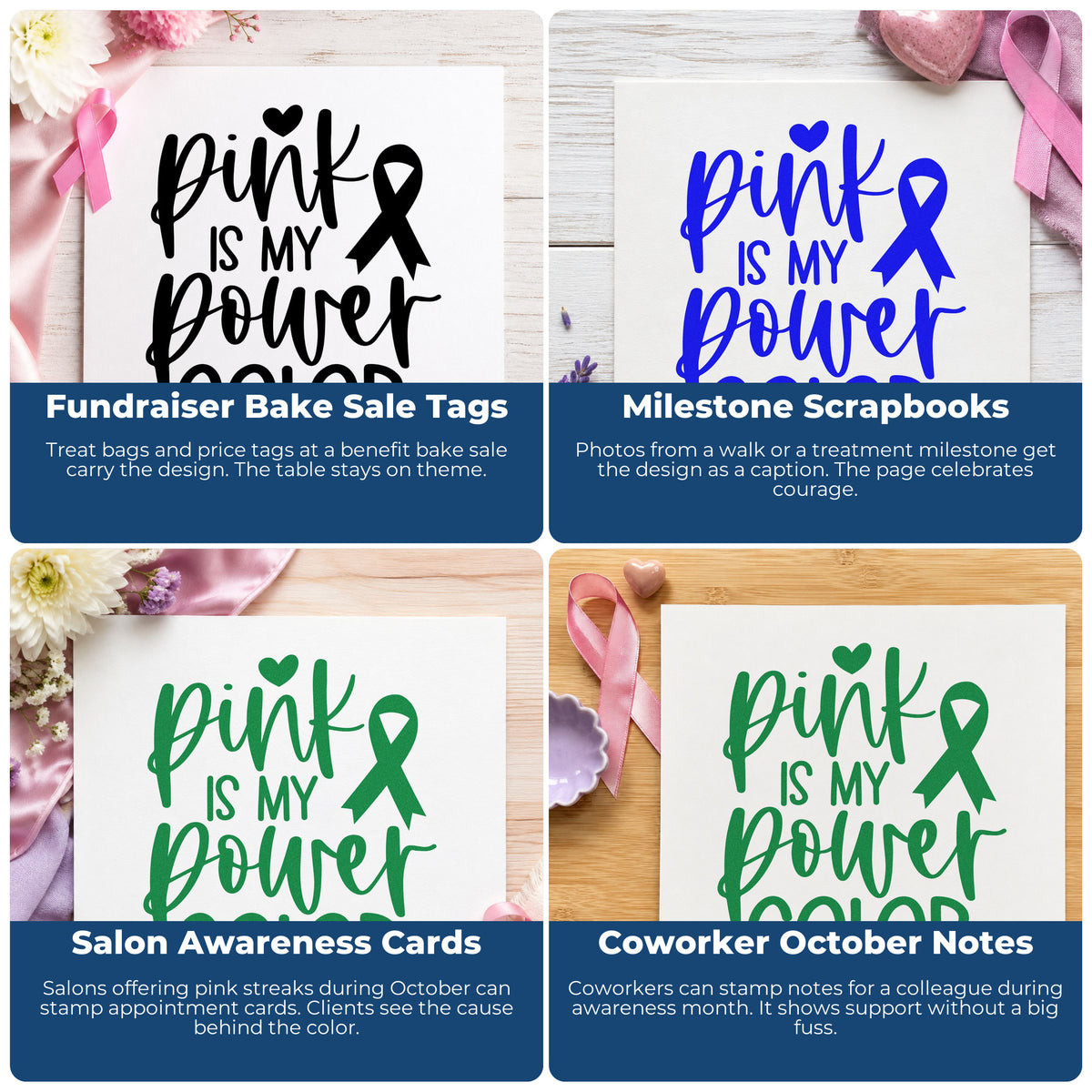 Four ways to use the Pink Is My Power Color Awareness Ribbon Rubber Stamp – Wood Handle: fundraiser bake sale tags, milestone scrapbooks, salon awareness cards and coworker october notes.