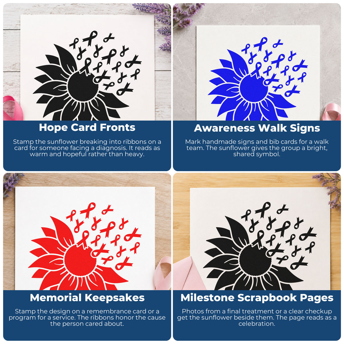 Four ways to use the Sunflower Awareness Ribbons Premium Wooden Stamp - Vintage Pro: hope card fronts, awareness walk signs, memorial keepsakes and milestone scrapbook pages.