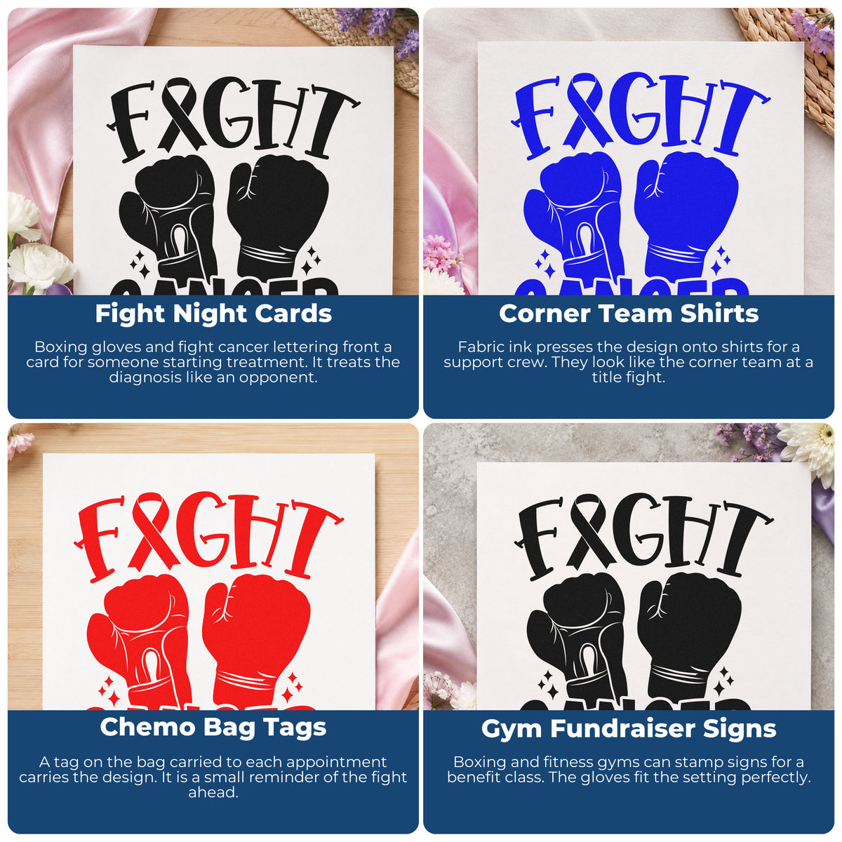 Four ways to use the Duo Hand Fight Cancer Boxing Gloves Rubber Stamp: fight night cards, corner team shirts, chemo bag tags and gym fundraiser signs.