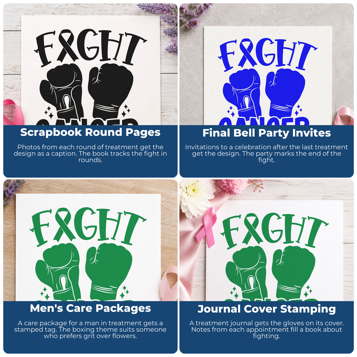 Four ways to use the Duo Hand Fight Cancer Boxing Gloves Rubber Stamp: scrapbook round pages, final bell party invites, men's care packages and journal cover stamping.