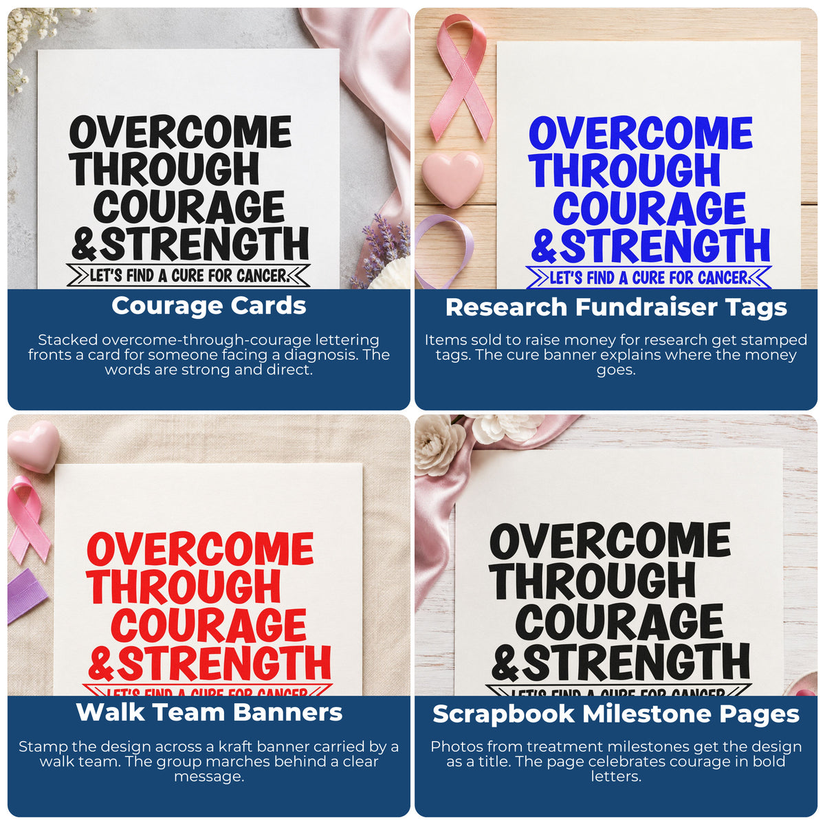 Four ways to use the Premium Wooden Overcome Through Courage Stamp - Vintage Pro: courage cards, research fundraiser tags, walk team banners and scrapbook milestone pages.