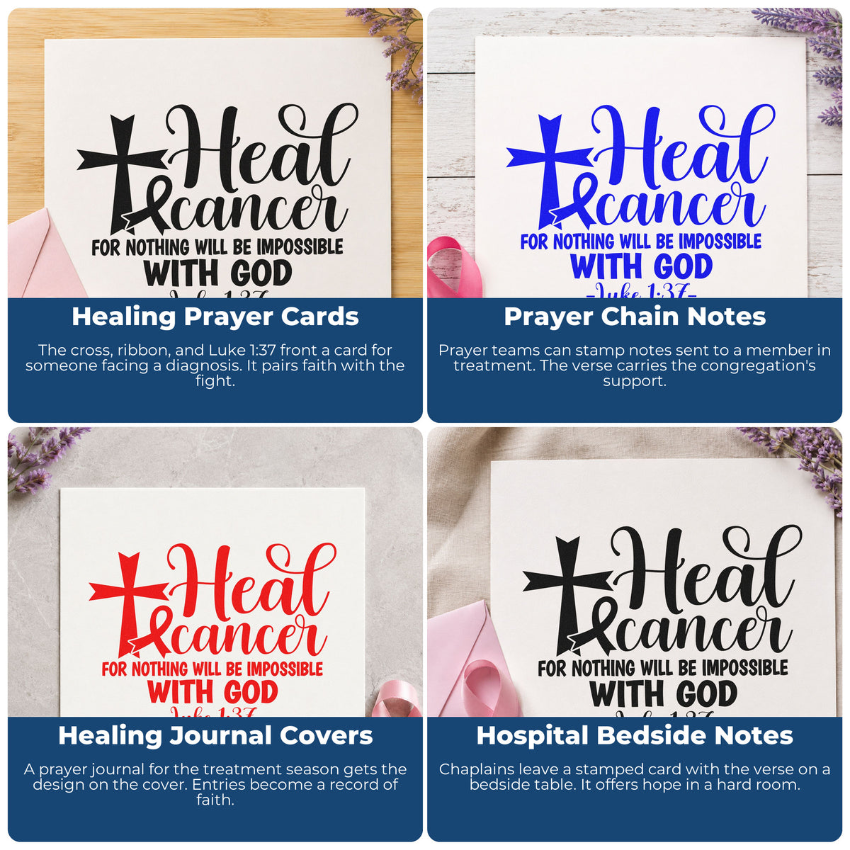 Four ways to use the Heal Cancer With God Awareness Ribbon Pre-Inked Stamp – Slim: healing prayer cards, prayer chain notes, healing journal covers and hospital bedside notes.