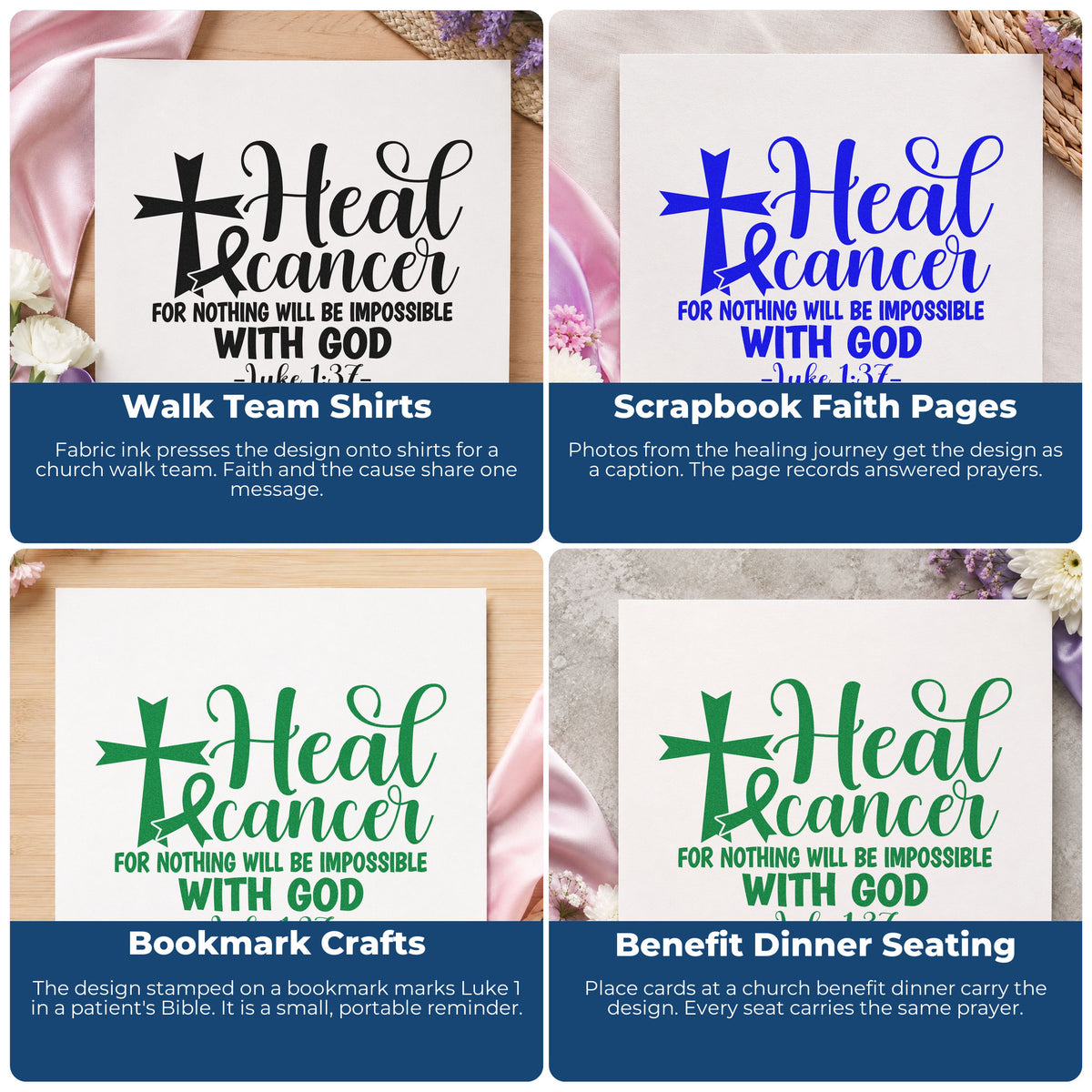 Four ways to use the Heal Cancer With God Awareness Ribbon Stamp - Premium Vintage Pro Wooden: walk team shirts, scrapbook faith pages, bookmark crafts and benefit dinner seating.