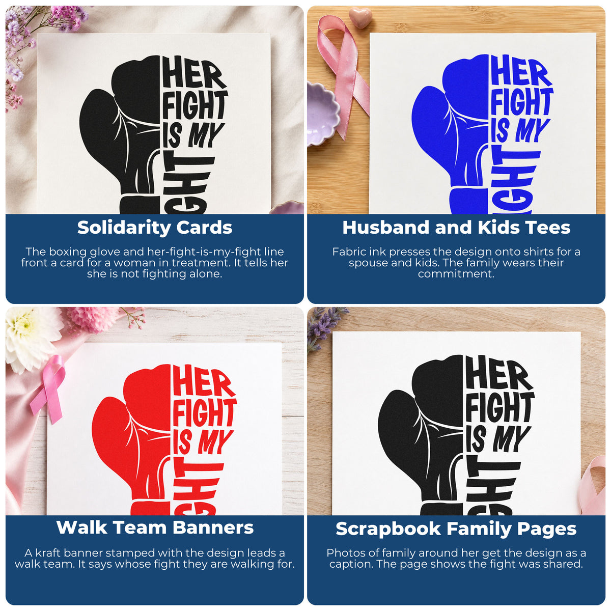 Four ways to use the Vintage Pro Her Fight Is My Fight Premium Wooden Stamp: solidarity cards, husband and kids tees, walk team banners and scrapbook family pages.