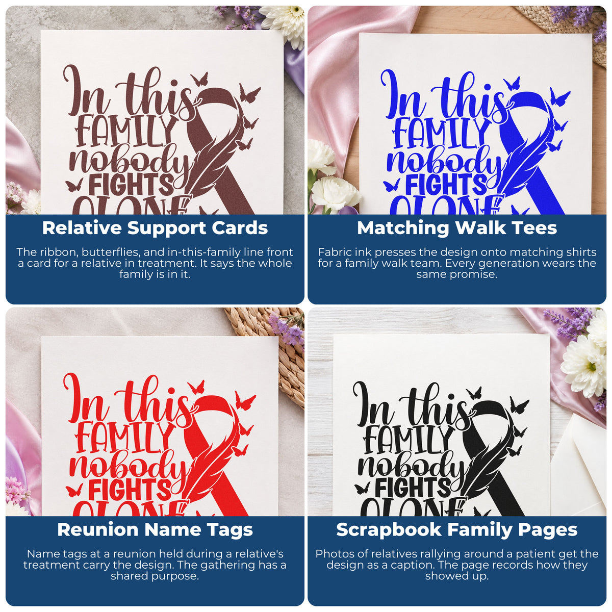 Cancer awareness rubber stamps for handmade cards, fundraiser tags, and gift bags with uplifting ribbon designs.