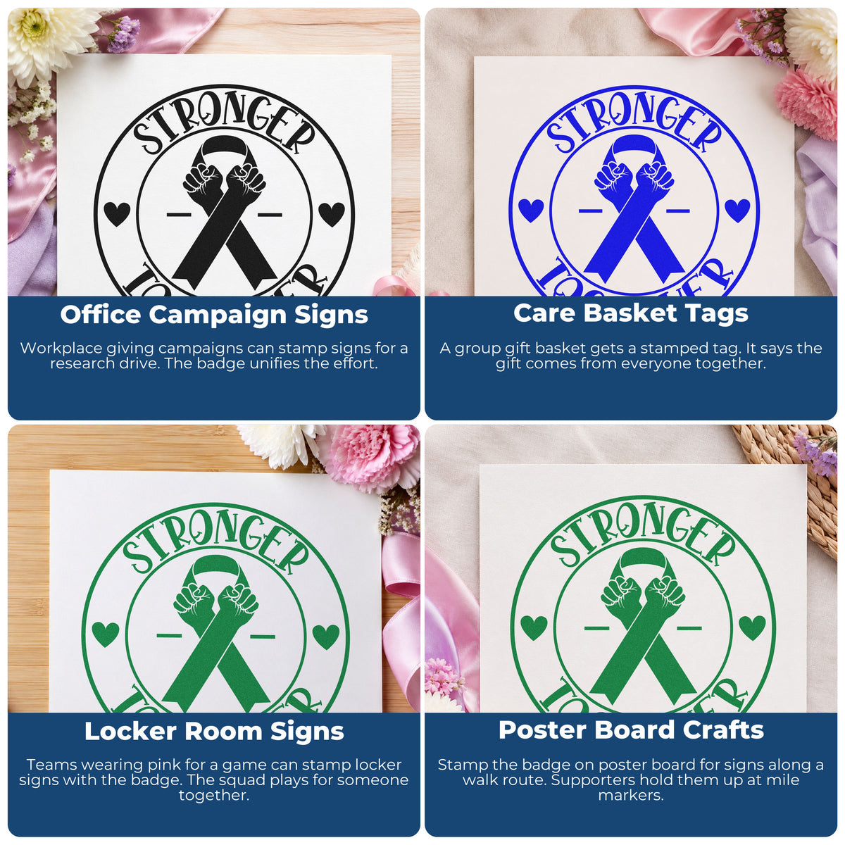 Four ways to use the Stronger Together Ribbon Badge Premium Wood-Mounted Stamp - Vintage Pro: office campaign signs, care basket tags, locker room signs and poster board crafts.