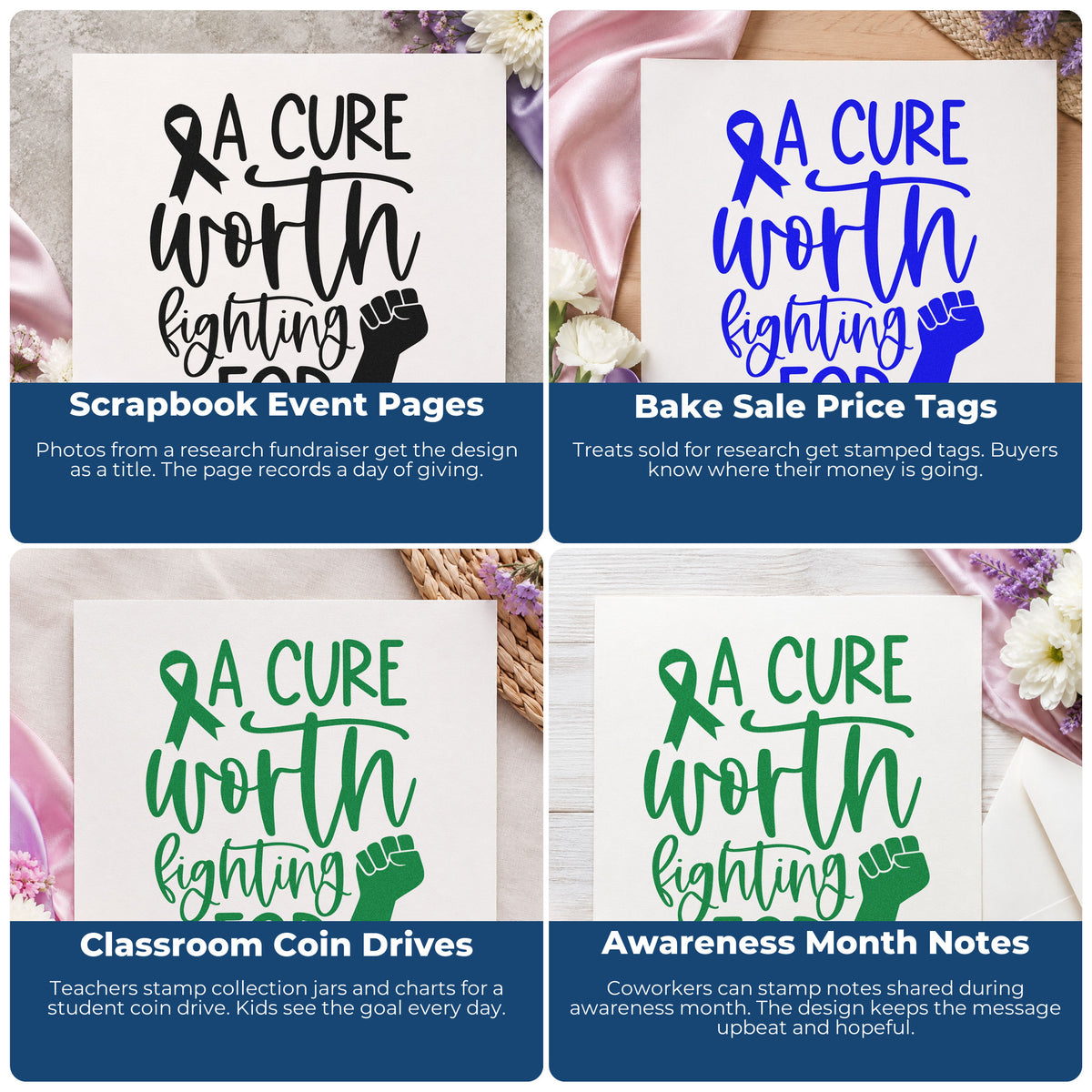 Four ways to use the Premium Wooden A Cure Worth Fighting For Awareness Ribbon Stamp - Vintage Pro: scrapbook event pages, bake sale price tags, classroom coin drives and awareness month notes.
