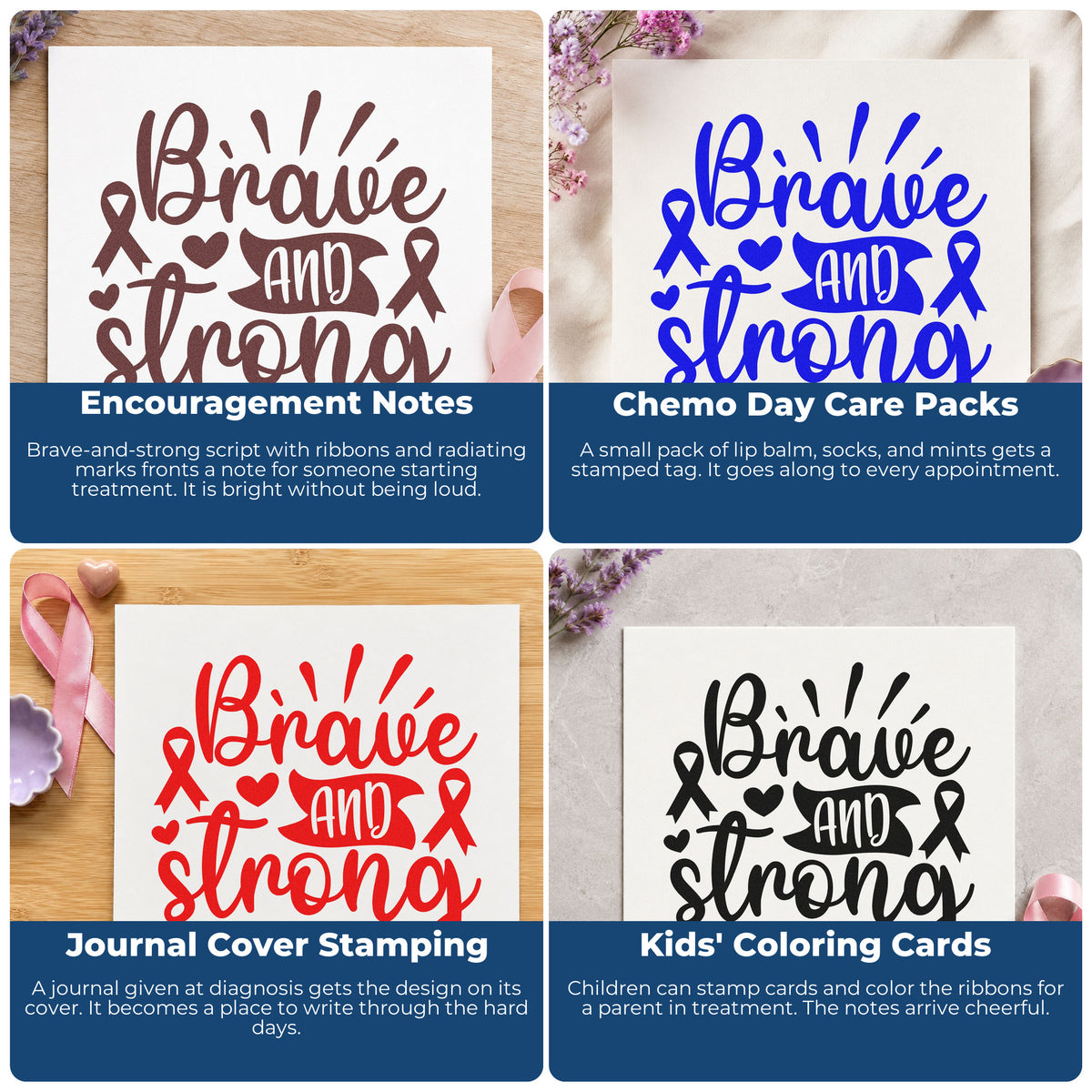 Rubber stamp design ideas for cancer awareness, encouragement cards, fundraiser tags, and patient care gift bags.