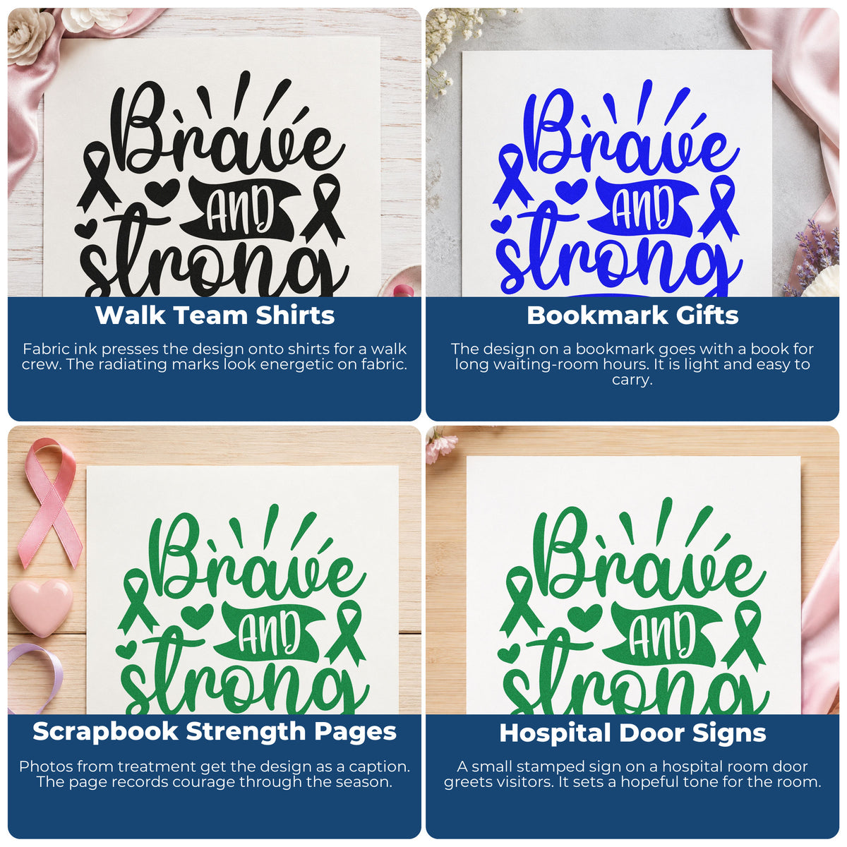 Breast cancer awareness rubber stamp ideas for faith, October Pink, stronger than cancer, and fundraiser packaging.