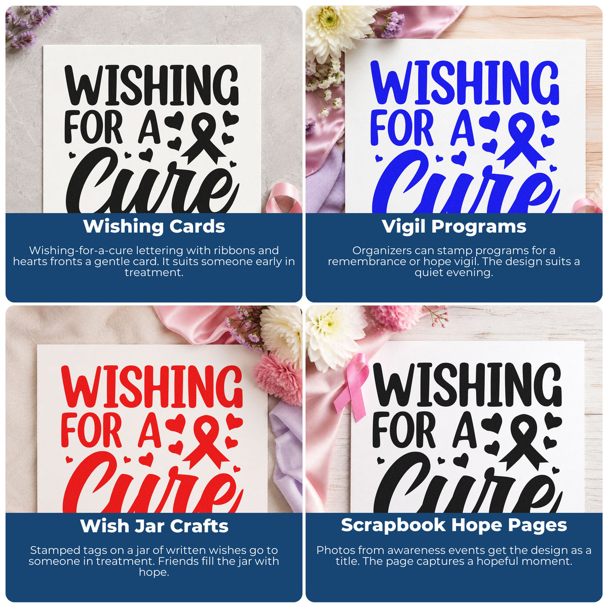 Four ways to use the Wishing For A Cure Awareness Ribbon Stamp - Premium Vintage Pro Wooden: wishing cards, vigil programs, wish jar crafts and scrapbook hope pages.