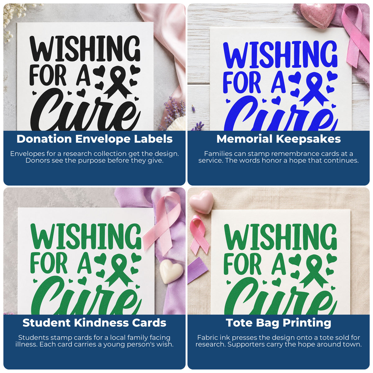 Four ways to use the Wishing For A Cure Awareness Ribbon PSI Pre-Inked Stamp: donation envelope labels, memorial keepsakes, student kindness cards and tote bag printing.