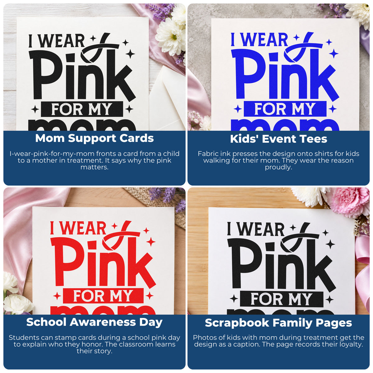 Four ways to use the I Wear Pink For My Mom Pre-Inked Stamp – PSI: mom support cards, kids' event tees, school awareness day and scrapbook family pages.