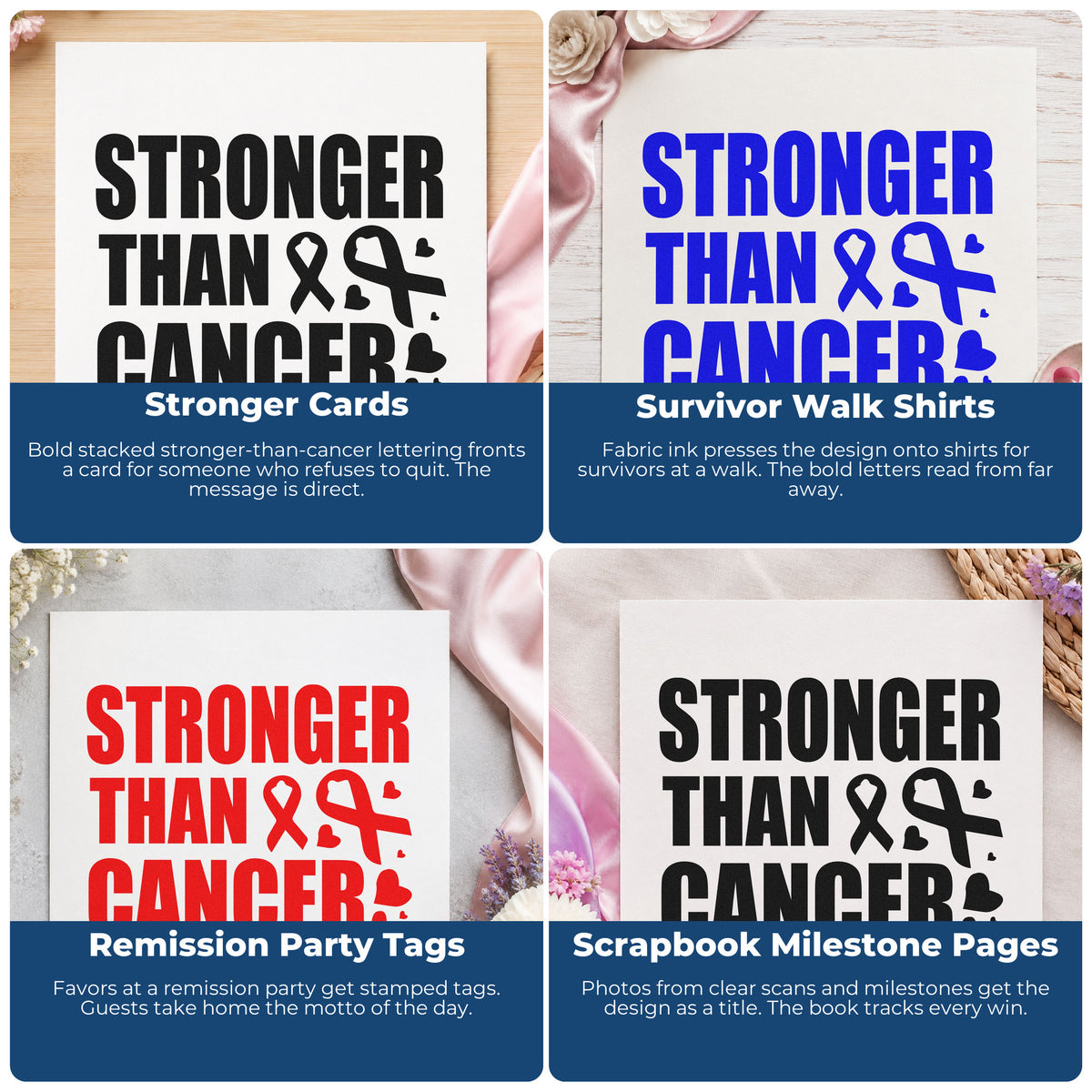 Four ways to use the Stronger Than Cancer Awareness Ribbon Premium Wooden Stamp - Vintage Pro: stronger cards, survivor walk shirts, remission party tags and scrapbook milestone pages.