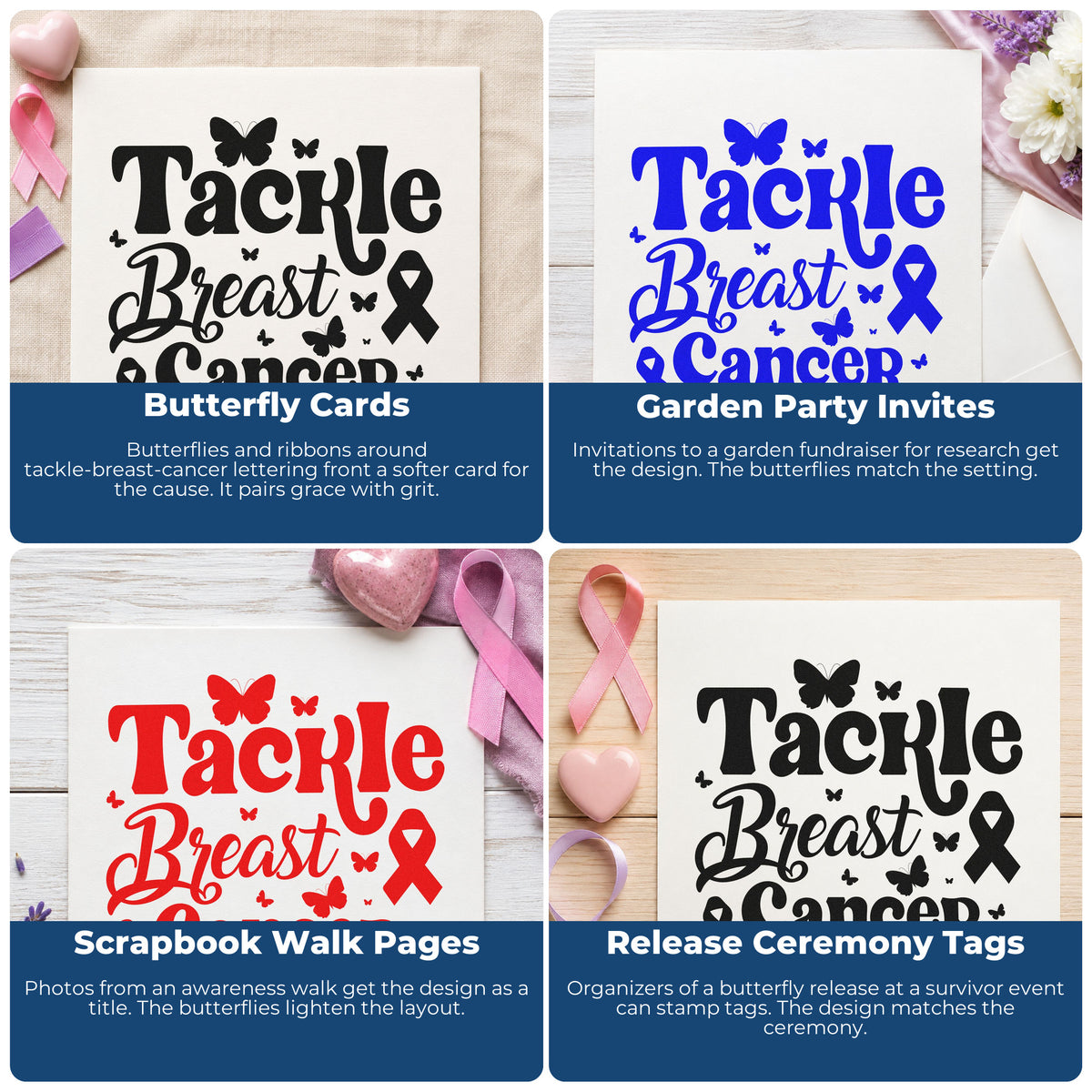 Four ways to use the Tackle Breast Cancer Butterflies Rubber Stamp – Duo Hand: butterfly cards, garden party invites, scrapbook walk pages and release ceremony tags.